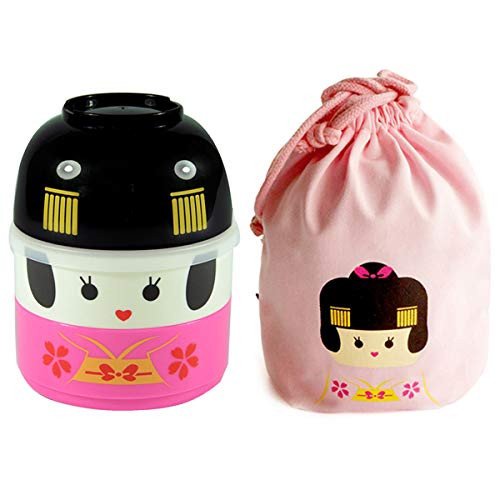 Cute Bento Box for Kids Bento Lunch Box with Lunch Bag Girls 2 Tier Food Container Bowl Snack Box Japanese Geisha Pattern Lunchbox School Lunch Container for Toddler Microwave & Dishwasher Safe,Pink