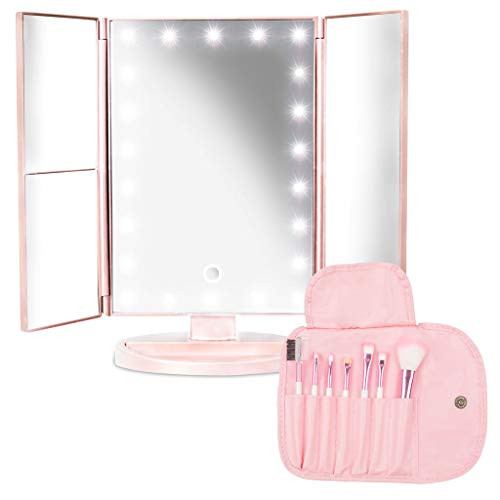 Lighted Makeup Mirror with Magnification 1x 2x 3x - Portable Cosmetic Trifold 22 LED Vanity Mirror with Touch Screen Switch, Dual Power Supply and 180 Degree Rotation - 7 Makeup Brushes Lighted Makeup Mirror with Magnification 1x 2x 3x - Portable Cosmetic Trifold 22 LED Vanity Mirror with Touch Screen Switch, Dual Power Supply and 180 Degree Rotation - 7 Makeup Brushes