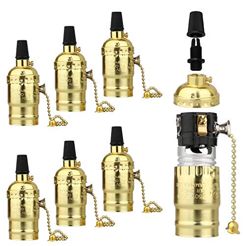 6 Pcs Vintage Light Socket, E26 E27 Retro Light Bulb Pendant Holder Socket Switch, Gold Medium Base Light Socket with Pull Chain Switch, Replacement Edison Aluminum Lamp Holder (Gold)