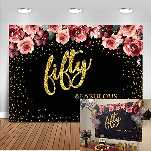 Mocsicka Fifty Birthday Background 8X6ft Vinyl Backdrops Gold Dots Decoration Background Adult Birthday Photography Portrait Background