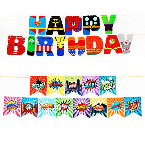 2 PACK Superhero Birthday Banner for Party Decorations - Superhero Inspired HAPPY BIRTHDAY Banner, Superhero Banner for Boys Kids Children Birthday Party Decorations