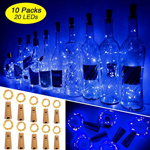 Ariceleo Wine Bottle Lights with Cork, 10 Packs Mini Battery Operated Cork Led Lights for Wine Bottle, Copper Fairy String Lights for Glass Bottle Decor, Christmas, Bar, Bottle Top Stopper (Blue)