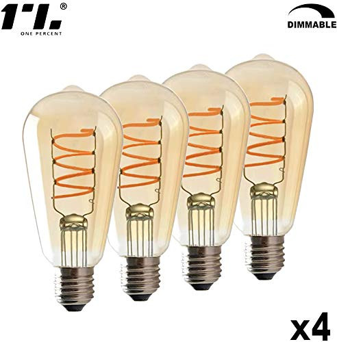 Dimmable Vintage LED Edison Light Bulbs 5W 280lm LED Flexible Spiral ST21/ST64 Antique Filament Decorative Light Bulbs 2200K Soft White E26 Base Amber Glass 4 Pack