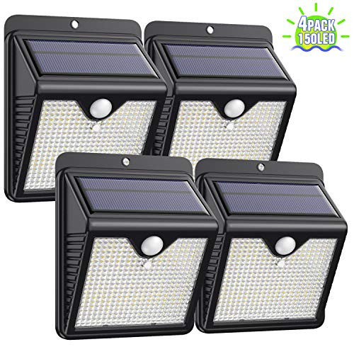 Solar Lights Outdoor [4Pack - 150LED Super Bright] Solar Security Lights Motion Sensor Lights IP65 Waterproof Wireless Wall Lights Solar Powered Lights for Garden Patio Yard Deck Garage Fence Pool