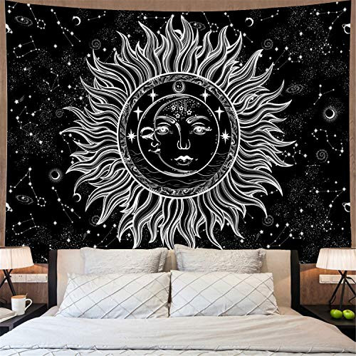 Sun and Moon Tapestry Psychedelic Burning Sun with Stars Wall Tapestry Black and White Celestial Tapestry Mystic Fractal Faces Tapestry Wall Hanging for Bedroom (X-Large, Sun Moon)
