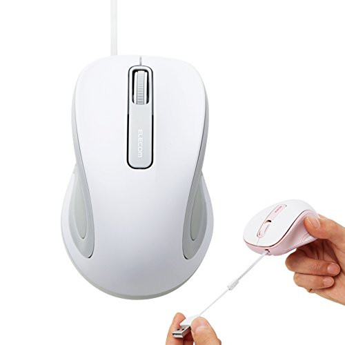 ELECOM Cable Retractable Type 3 Button Less-Noise Mouse, BlueLED, Compact Size, 1600 Count?/White/M-MK1UBSWH