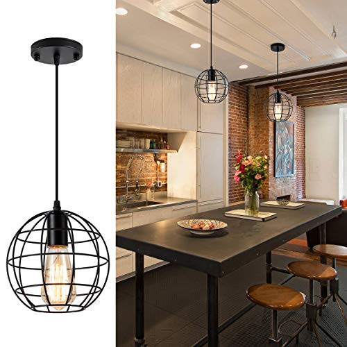 Industrial Pendant Light Black Metal Cage Lighting Fixture Vintage Rustic Hanging Ceiling Lights for Farmhouse, Kitchen Island, Dining, Room, Restaurant, Cafe, Hallway, Bar, Barn Industrial Pendant Light Black Metal Cage Lighting Fixture Vintage Rustic Hanging Ceiling Lights for Farmhouse, Kitchen Island, Dining, Room, Restaurant, Cafe, Hallway, Bar, Barn