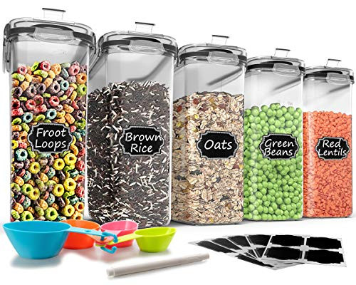 Large Cereal & Dry Food Storage Containers - Wildone 5 Pieces Airtight Cereal Storage Containers for Sugar, Flour, Snack, Baking Supplies, Leak-proof with Black Locking Lids (4L /135.3oz)