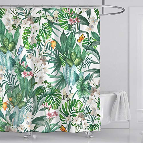 wtisan Green Tropical Leaf Shower Curtain,Fabric Floral Butterfly Shower Curtain with 12 Hooks,Funny Bathroom Curtains 72x72 inch Machine Washable