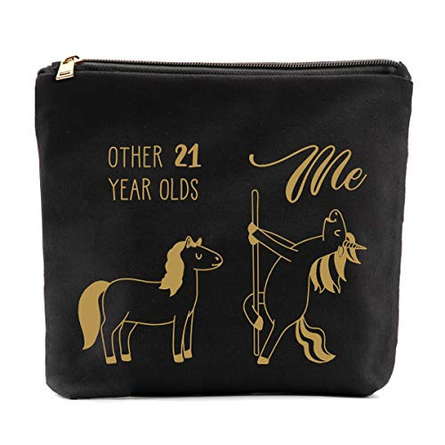Blue Leaves 21st Birthday Gifts for Her-Unicorn 21 Years Olds- Funny Sister, Daughter, BFF, Girlfriends,Carved Gifts-Black Makeup Bag