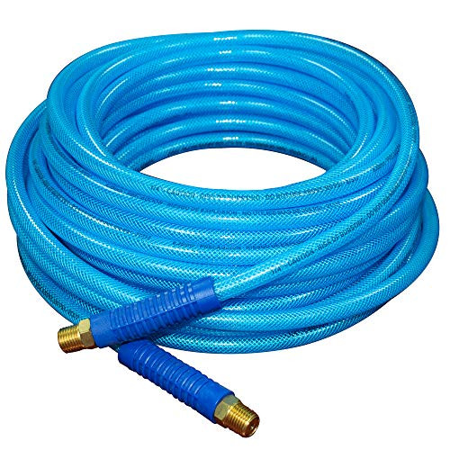 FIXSMITH-Reinforced-Polyurethane-Air-Hose,300 PSI,100 Feet x 1/4 Inch,PU Air Compressor Hose with 1/4" MNPT Brass Swivel End Fittings and Heavy Duty Bend Restrictors,Blue.