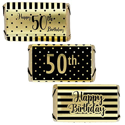 Black and Gold 50th Birthday Mini Candy Bar Wrappers - Shiny Foil - 45 Stickers