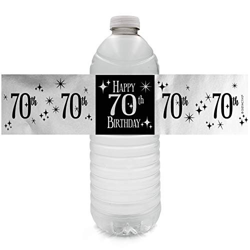 Black and Silver 70th Birthday Water Bottle Labels - Shiny Foil - 24 Stickers