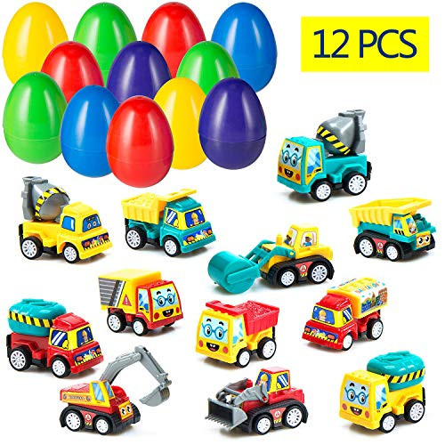 ELONGDI 12 Pieces Pull Back Vehicles Filled Easter Eggs, 3.2" Prefilled Eggs for Easter Basket Stuffers, Egg Hunting, Party Favor, Pull Back Cars Vehicles Boys Toys for Kids Toddlers