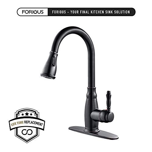 FORIOUS Pull Out Sprayer Oil Rubbed Bronze Kitchen Faucet, Antique Brass Single Handle Pull Down Kitchen Sink Faucet With Deck Plate