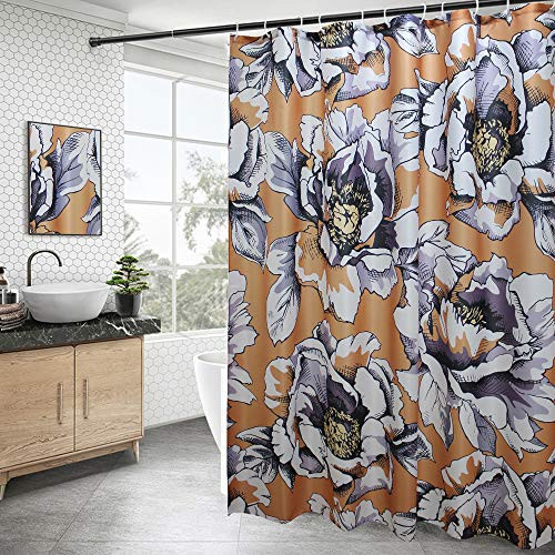 AooHome Fabric Floral Design Shower Curtain, Heavy Duty Peony Decorative Bathroom Curtain with Hooks, Weighted Hem, Waterproof, Orange, 70W x 78L inch