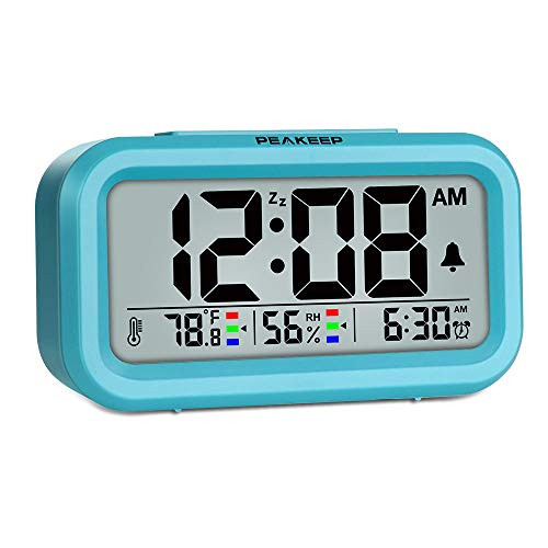 Peakeep Indoor Humidity Temperature Digital Alarm Clock for Bedrooms, Smart Night Light, Battery Operated Small Easy Desk Bedside Gifts Clock (Blue)