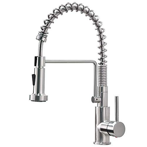 Friho Lead-Free Commercial Brushed Nickel Stainless Steel Single Handle Single Lever Pull Out Pull Down Sprayer Spring Bar Sink Kitchen Sink Faucet, Brushed Nickel Kitchen Faucets