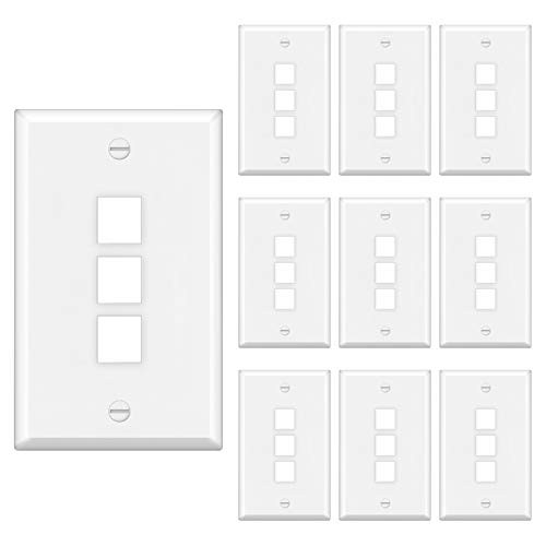 [10 Pack] BESTTEN 3-Port Keystone Wall Plate, for Keystone Jack and Modular Inserts, Unbreakable Polycarbonate, UL Listed, White