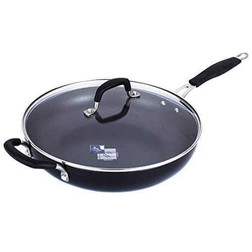 Momscook Saute Pan 12-Inch Classic Brights Hard Enamel Aluminum Nonstick Covered Skillet, Dishwasher Safe Sautepan, Black