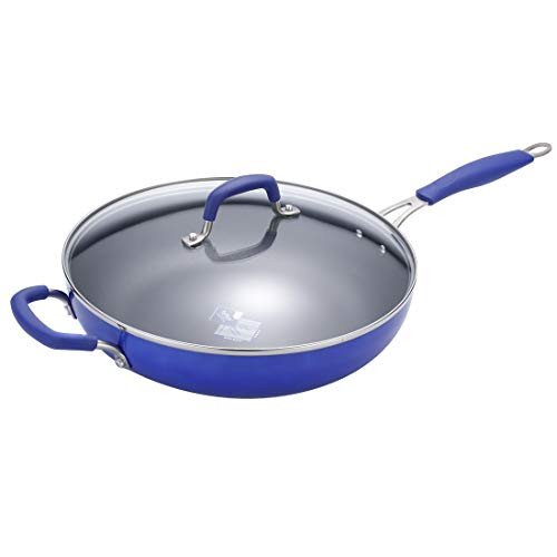 Momscook Saute Pan 12-Inch Classic Brights Hard Enamel Aluminum Nonstick Covered Skillet, Dishwasher Safe Sautepan, Blue