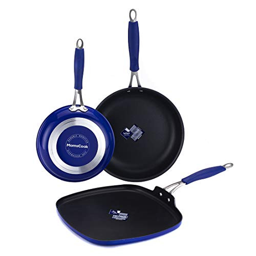 Momscook Fry Pan 3-Piece Classic Brights Hard Enamel Aluminum Nonstick Skillet Griddle Set with Silicone Handles, 8-Inch, 10-Inch and 11-Inch Sautepan Gill Pan, Blue