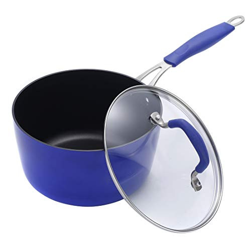 Momscook Saucepan 3-Quart Classic Brights Hard Enamel Aluminum Nonstick Covered Saucepan, Dishwasher Safe Sauce Pan, Blue