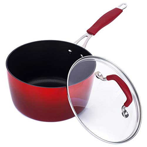 Momscook Saucepan 3-Quart Classic Brights Hard Enamel Aluminum Nonstick Covered Saucepan, Dishwasher Safe Sauce Pan, Red Gradient