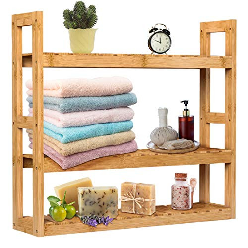 Domax Bamboo Bathroom Shelf 3-Tier Wall Mount Storage Rack Multifunctional Adjustable Layer Free Standing Over Toilet Utility Shelves Living Room Kitchen (Bamboo)
