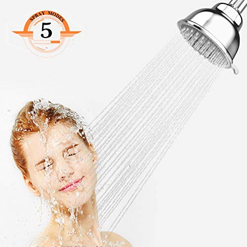 Shower Head - 4 Inch High Pressure Shower Head, LOUTAN 5 Function Fixed Chrome Metal Replacement Rainfall Showerhead Sprayer, Anti-clog Anti-leak Adjustable Swivel Ball Joint Universal For Shower Head