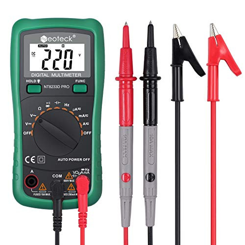 Neoteck Auto Ranging Digital Multimeter AC/DC Voltage Current Ohm Capacitance Frequency Diode Transistor Audible Continuity, Multi Tester with Backlit LCD- Green
