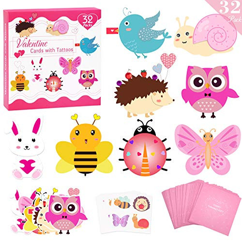 Valentines Day Cards for Kids 32 Packs with Temporary Tattoos and Pink Envelopes, Animal Valentines Day Greeting Cards, Kids Valentines Day Exchange Cards for Classroom School Supplies Party Favors