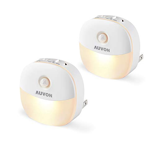 AUVON Plug-in LED Motion Sensor Night Light, Warm White LED Nightlight with Dusk to Dawn Sensor, Motion Sensor, Adjustable Brightness for Bedroom, Bathroom, Kitchen, Hallway, Stairs (2 Pack)
