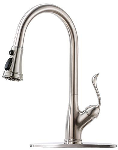 APPASO Single Handle Pull Down Kitchen Faucet with Sprayer, Stainless Steel Brushed Nickel High Arc Single Hole Pull Out Spray Head Kitchen Sink Faucet with Escutcheon