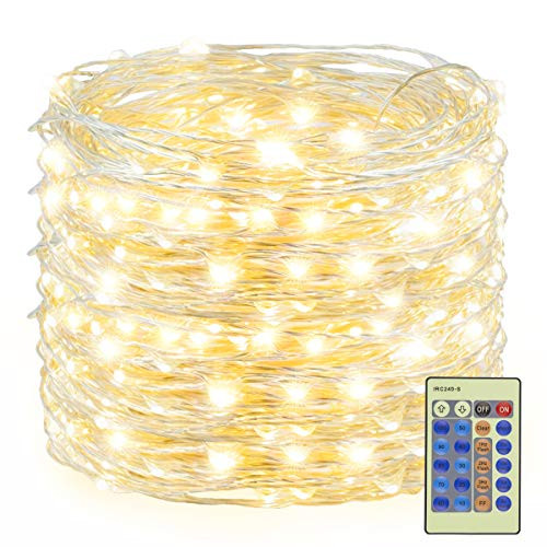 Decute 300 LED Fairy Lights 99ft Silver Wire Warm Christmas String Lights Remote Control, LED Firefly Lights Starry Light for DIY Christmas Tree Costume Wedding Party Table Centerpiece Decor