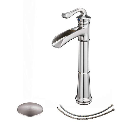 BWE Vessel Sink Faucet with Drain Assembly and Supply Line Lead-free Brushed Nickel Waterfall Commercial One Hole Single Handle Bathroom Faucets Deck Mount Lavatory Mixer Tap Tall Body