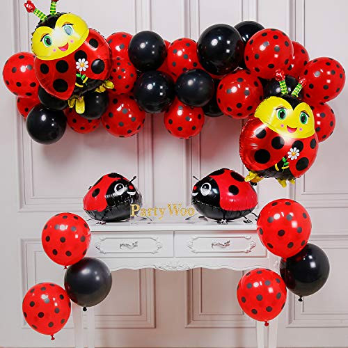 PartyWoo Ladybug Balloons, 44 pcs Red Polka Dot Balloons, Black Balloons, Ladybug Mylar Balloons, Walking Ladybug Balloons for Ladybug Birthday Party, Ladybug Party Decorations, Ladybug Party Supplies