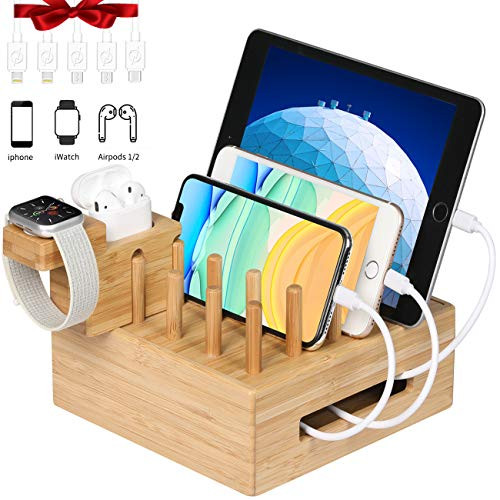 Bamboo Charging Station for Multiple Devices | Desktop Docking Station Organizer with Integrated Airpod&iWatch Charging Stand for airpod, iWatch, iPhone, iPad, Android Phone and Tablet