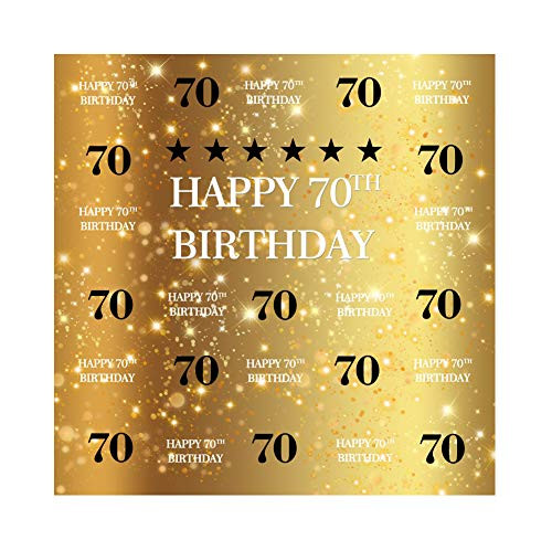 CSFOTO 8x8ft Happy Birthday Backdrop Black and Gold 70th Birthday Party Background for Photography Cake Table Decor Wallpaper