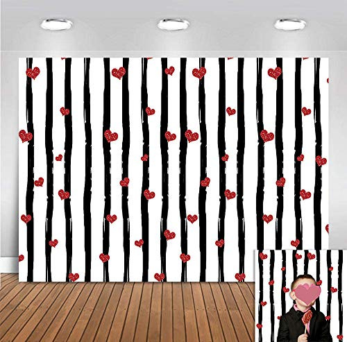 Black and White Stripe Photo Background 7x5ft Polyester Valentines Day Event Party Banner Red Heart Love Wedding Bridal Shower Photography Backdrop Photo Booths Studio Props Supplies