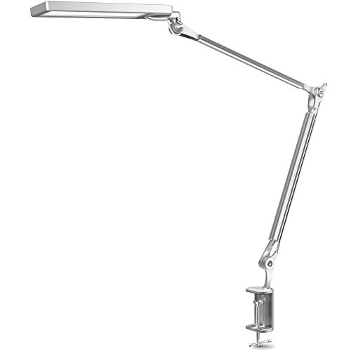 BYB E430 Metal Architect LED Desk Lamp, Swing Arm Task Lamp with Clamp, Eye-Care Drafting Table Lamp, Dimmable Office Light, 4 Lighting Modes, 6 Level Dimmer, Touch Control, Memory Function, Silver
