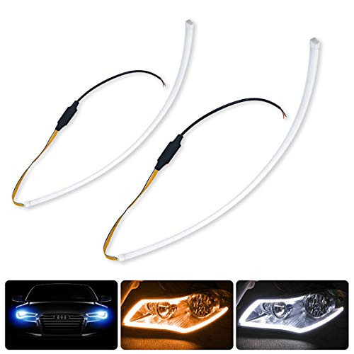 2 X 24 Inch DRL LED Light Strip, YANF Flexible Daytime Running Lights Dual Color White & Amber Sequence LED Strip Tube Switchback Headlight Decorative Lamp & Flowing Turn Signal Light for Any 12V Cars
