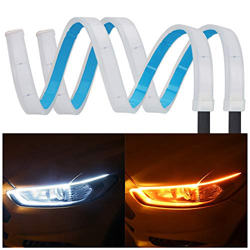 2Pcs 24 Inches DRL LED Light Strip, YANF Car Flexible Daytime Running Lights Dual Color White-Amber Sequence LED Strip Tube Switchback Headlight & Turn Signal Lights Tube Fit for Any 12V Cars