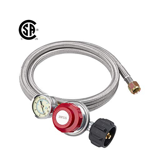 GASLAND Propane Regulator, 0-20 PSI 8 Ft Stainless Steel Braided Hose, Adjustable Propane Regulator with Hose, Type1 and 3/8 Female Flare Swivel Fitting, Propane Gas Regulator Grill Connectors