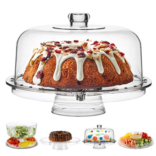 Homeries Cake Stand with Dome Cover (6 in 1) Multi-Functional Serving Platter and Cake Plate - Use as Cake Holder, Salad Bowl, Platter, Punch Bowl, Desert Platter, Nachos & Salsa Plate, (Acrylic)