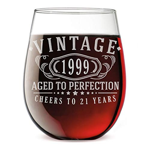 Vintage 1999 Etched 17oz Stemless Wine Glass - 21st Birthday Aged to Perfection - 21 years old gifts