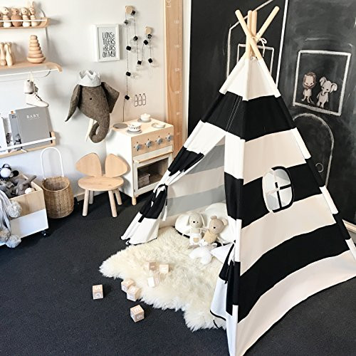 Kids Teepee Tent for Boys, Black and White Stripe Children Play Tent with Canvas Carry Case for Indoor & Garden Kids Teepee Tent for Boys, Black and White Stripe Children Play Tent with Canvas Carry Case for Indoor & Garden
