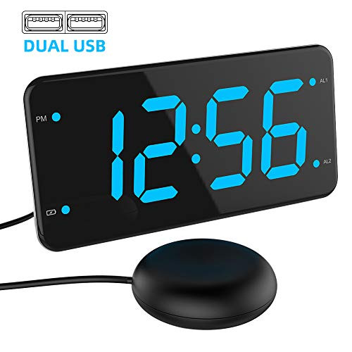 Extra Loud Alarm Clock with Bed Shaker, Vibrating Alarm Clock for Heavy Sleepers, Deaf and Hard of Hearing, Dual Alarm Clock with USB Charger, 7-Inch Display, Full Range Dimmer, Battery Backup - Blue