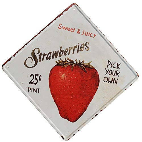 TISOSO Tin Signs Strawberries Pick Your Own Retro Vintage Bar Sign Country Home Wall Decor Designs Farm Organic Fruit Indoor Metal Coffee Art Poster12X12Inch