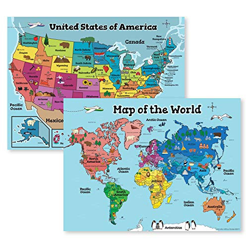 USA Wall Map & Kids World Map for Kids Wall (Laminated Maps for Kids) 2 Classroom Posters Perfect for Map Art - 18x24 (Laminated) 2 Wall Maps Included